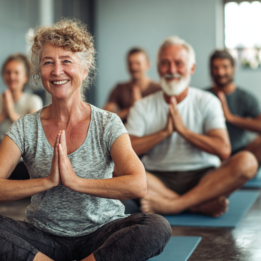 Pokojná žena stredného veku slovenského pôvodu, ktorá sa úspešne venuje jóge v prírodnom prostredí