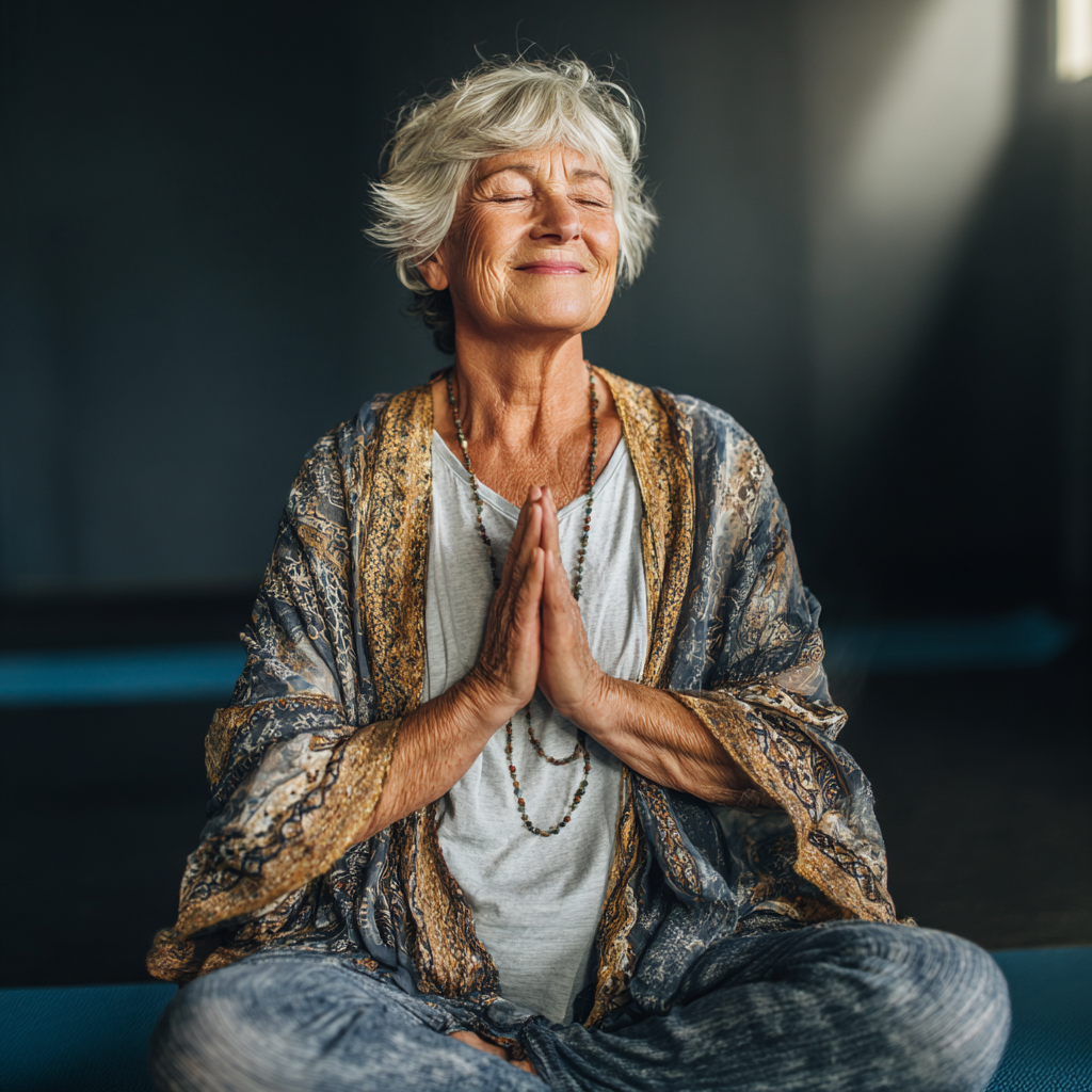 Mladý muž slovenského pôvodu vykonávajúci pomalé jóga pozície s úsmevom a sústredenosťou